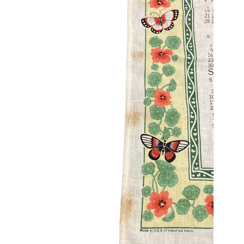 Vintage 1989 Calendar Tea Towel Linen Red Floral Butterfly Cottagecore Retro USA